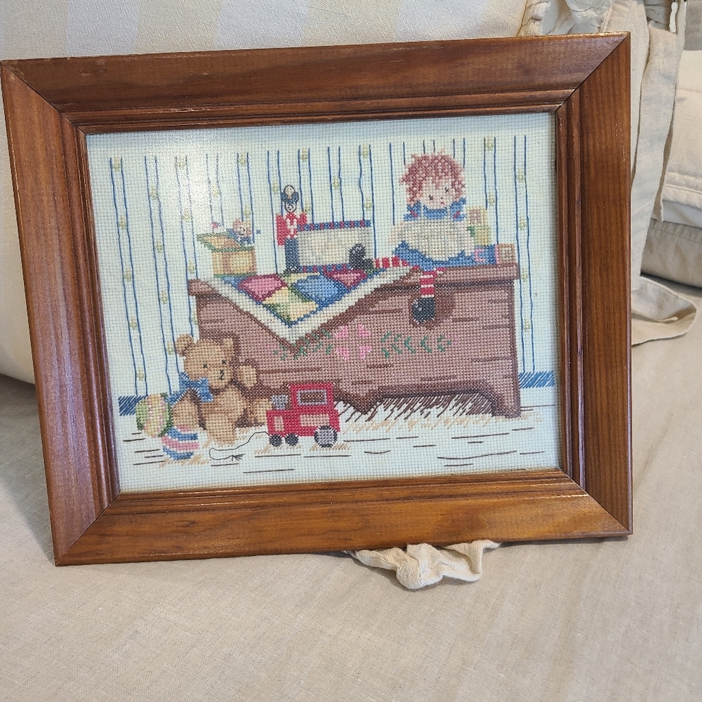 Framed Cross-Stitch Art with Toy Chest Design